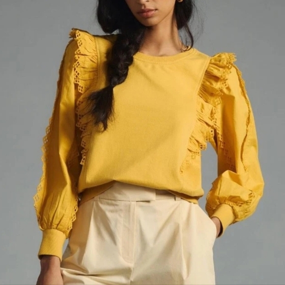 Anthropologie Tops - Anthropologie, New, Marigold Yellow Eyelet Ruffle Sleeve Sweatshirt Top SZ XL